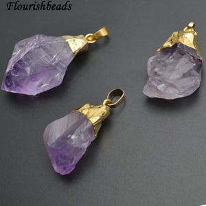 1pc Gold plating Natural Amethyst Rough Mineral Stone Pendant fit Necklace making