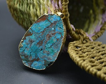 1pc 18k gold plating Unique Blue Ocean Jasper Stone Square Slab Pendant / Two loops Stone jewelry connectors links Beautiful veins
