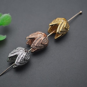 5pc Paved CZ Double Layer Flower Bead Caps Metal Charms fit Tassel Pendant making Rose Gold Rhodium color Jewelry Findings