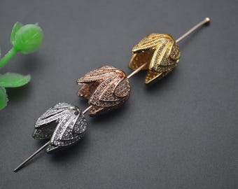 5pc Paved CZ Double Layer Flower Bead Caps Metal Charms fit Tassel Pendant making Rose Gold Rhodium color Jewelry Findings