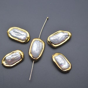 5pc Gold Color Plating Natural White Pearl Irregular Square Flat Long Tube Jewelry Making Beads