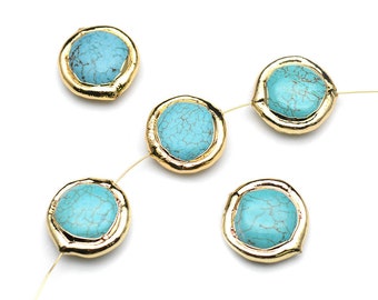 5pc Gold plaitng Blue Howlite Turquoise Flat Round Coin Shape Loose Beads