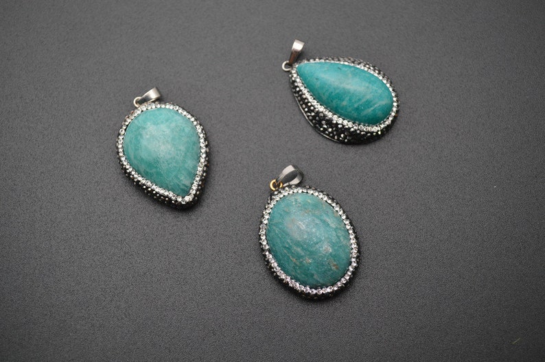 1pc Natural 30~40mm Amazonite Cabochon Stone Pendant Paved Black Crystal beads around Fashion jewelry making materials
