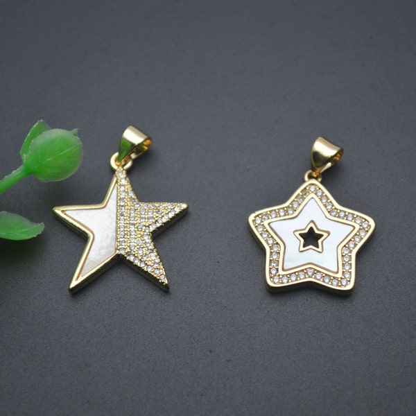 1pc Metal Star Pendant 18K Gold Plating CZ Paved Natural White MOP Shell Inlay Fashion Jewelry Accessory for Necklace making