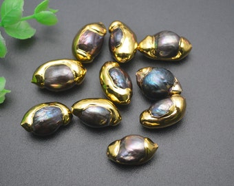 10pc 18k Gold plating Natural Peacock Gray Pearl Oval Beads fit Bracelet Necklace making