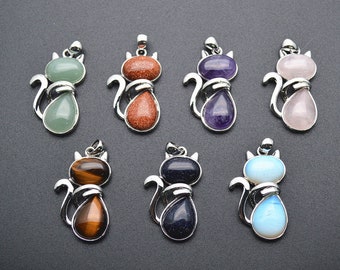 1pc Natural Stone Cabochons Cute Cat Animal Pendant fit Necklace Jewelry making （Amethyst / Rose quartz / Aventurine /Sandstone / Tiger Eye)