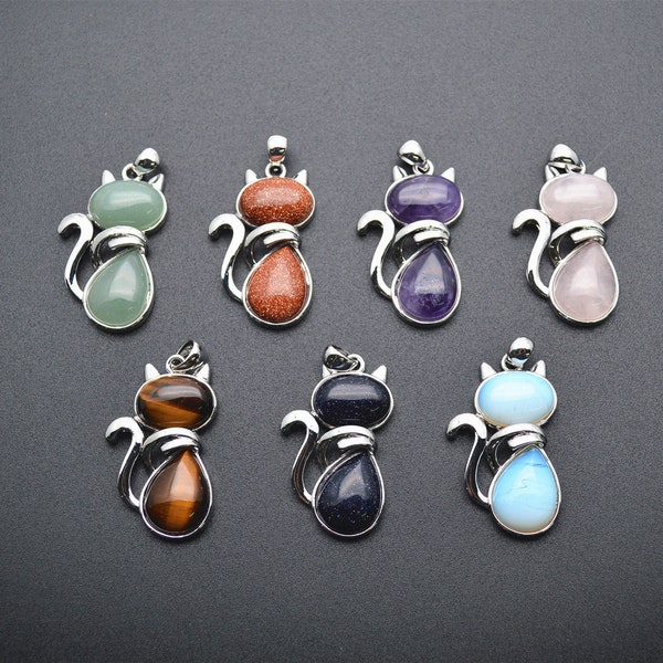 1pc Natural Stone Cabochons Cute Cat Animal Pendant fit Necklace Jewelry making （Amethyst / Rose quartz / Aventurine /Sandstone / Tiger Eye)