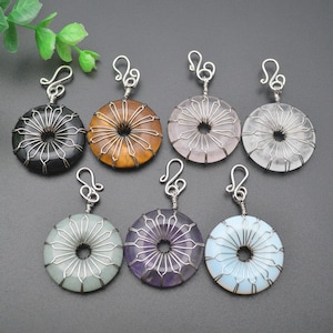 1pc Handmade Wire Wrapped Natural Stone Crystal 30mm Donut Pendant for Necklace making