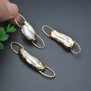 1pc Gold Plated Two Big Loops Freeform Square Natural White Pearl Jewelry Connector for Necklace making