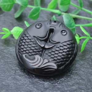 Cute Double Fish Natural Black Obsidian Carved Stone Lucky Pendant