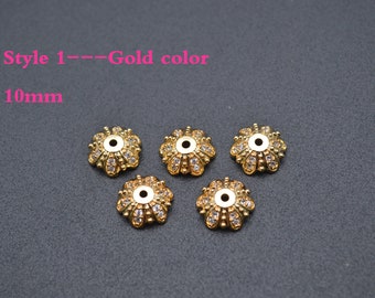 Wholesale 20pc Gold Silver color CZ Zircon Paved Flower Petal 10mm Metal Bead Caps Spacer Loose beads