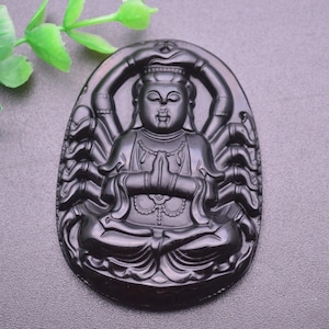 Carved Stone Thousand Hands Guanyin Kuanyin Buddha Big Natural Black Obsidian Pendant