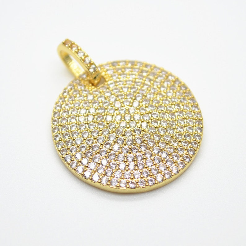 3pc Paved Real CZ Zircon Beads 25mm Flat Round Coin Meta Tag Charm Pendants Jewelry Supplies