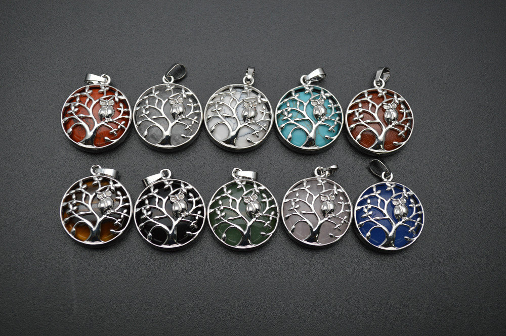 Various Stone Cabochons Metal Tree and Owl  Round shape Pendant