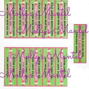May include: A collection of vintage Christmas song record labels featuring Bing Crosby and the Beach Boys. The labels are pink and green with white text and a Christmas tree design. The song titles include "Do You Hear What I Hear", "Little Saint Nick", "The Lord's Prayer", and "White Christmas".