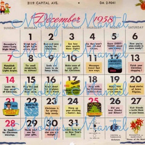 Digitale Download Printable Paper Retro Vintage Scrapbook Bijbelkaarten Junk Journal Kerstmis Dagelijks december 1958 Vintage Kalender Kinderen