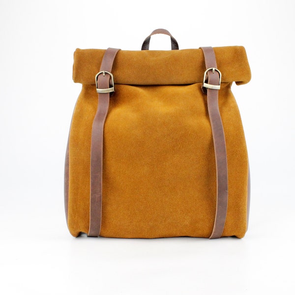 Ochre Suede Leather Roll Backpack
