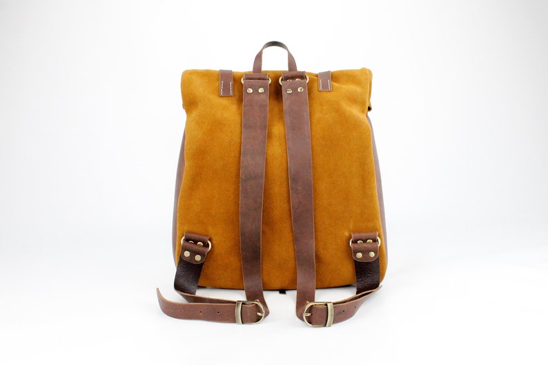 Ochre Suede Leather Roll Backpack with front pocket image 4