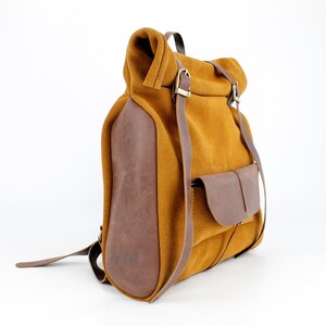 Ochre Suede Leather Roll Backpack with front pocket image 3