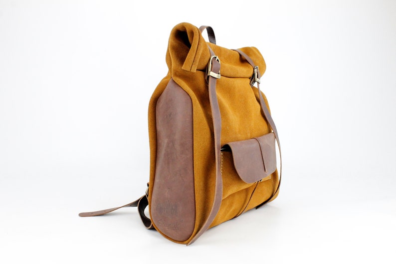 Ochre Suede Leather Roll Backpack with front pocket image 3