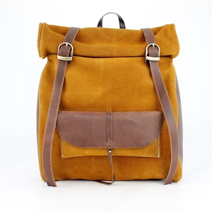 Ochre Suede Leather Roll Backpack with front pocket image 1