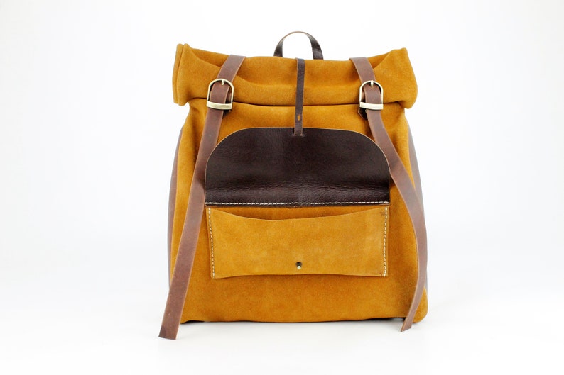 Ochre Suede Leather Roll Backpack with front pocket image 2