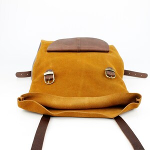 Ochre Suede Leather Roll Backpack with front pocket image 5