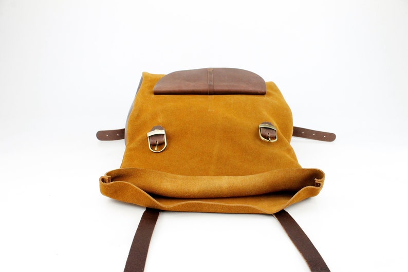 Ochre Suede Leather Roll Backpack with front pocket image 5