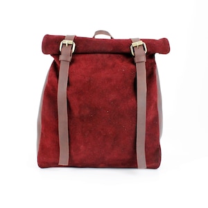 Red Suede Leather Roll Top Backpack | Handmade Leather Rucksack | Artisan Backpack | Roll-Top Travel & Everyday Bag
