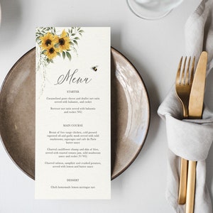 Zonnebloem trouwmenu, gele bloemen trouwmenu's, Bumble Bee trouwmenu's, bruiloft ontbijtmenukaart, drankenkaart