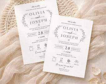 Botanical Wedding Invitations, Hand Drawn Leaf Black White Invites, Day or Evening Reception