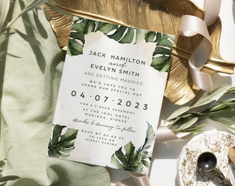 Destination Wedding Invitation, Tropical Palm Wedding Invitations, Botanical Wedding Invites, Greenery Wedding Invite, Evening Reception