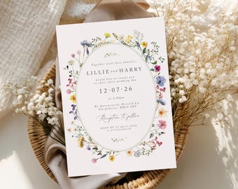 Wildflower Meadow Oval Frame Wedding Invitation, Elegant Floral Invite for Day or Evening Guests