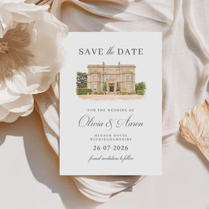 Luxury Wedding Save the Date Card with Venue Sketch, Watercolour Save the Dates, Digital or Printed, Simple and Elegant, Any Venue