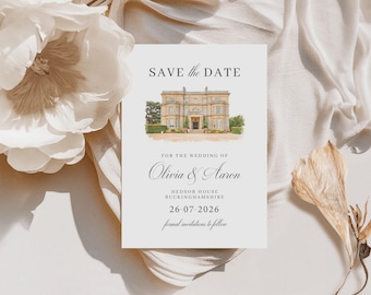 Luxury Wedding Save the Date Card with Venue Sketch, Watercolour Save the Dates, Digital or Printed, Simple and Elegant, Any Venue