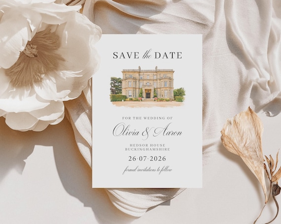 Luxury Wedding Save the Date Card with Venue Sketch, Watercolour Save the Dates, Digital or Printed, Simple and Elegant, Any Venue