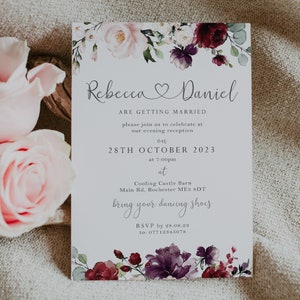 BURGUNDY Blush Floral Wedding Invitation, Boho Wedding Invitations, Rose Wedding Invites, Simple Wedding Invite, Evening, Reception