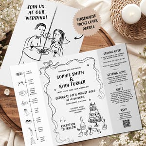 Convites de casamento desenhados à mão caprichosos - convites estilo rabisco para casais modernos, convite divertido com esboço de rabisco, personalizado com código QR