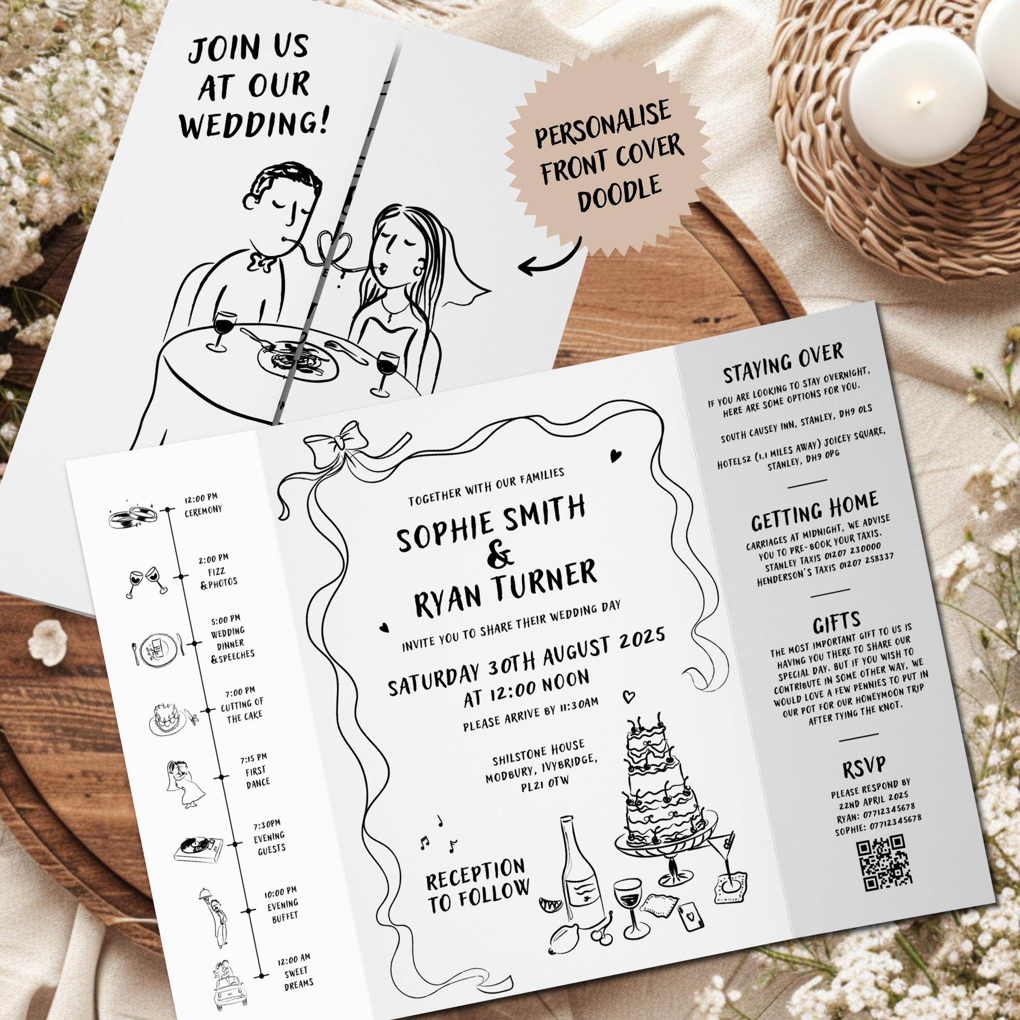Whimsical Hand-Drawn Wedding Invitations - Scribble Style Invites for Modern Couples, Fun Doodle Sketch Invite, Personalised With QR Code