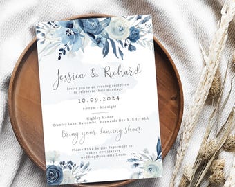 May include: A wedding invitation with a watercolor floral design in shades of blue. The invitation includes the names "Jessica & Richard", the date "10.09.2024", and the phrase "Bring your dancing shoes".