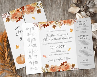 Rustic Pumpkin Wedding Invitations, Autumn Gatefold Wedding Invitation, Rust Folded Wedding Invites, Timeline Wedding Invite, Fall, Autumnal