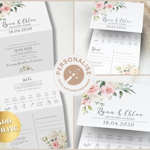 Blush Floral All-in-One-Hochzeitseinladung mit Antwortkartenfunktion & Timeline, elegante gefaltete Hochzeitseinladung, rustikale Boho-Hochzeitsreihe, Individuell bedruckt