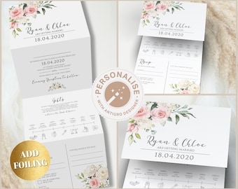 Blush Floral & Greenery Wedding Invitation, Boho Wedding Invites with Dusty Pink Flowers, Eucalyptus, Timeline Invitations, Tri Fold