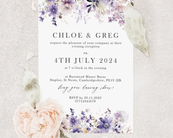 Purple Floral Wedding Invitation, Evening Wedding Invitations, Lavender Wedding Reception Invite, Lilac Evening Wedding Invites