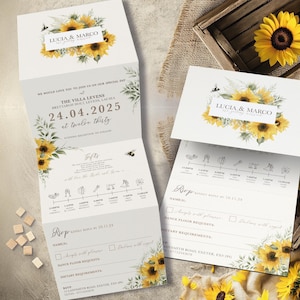 Sonnenblume Hochzeitseinladung, Sonnenblume und Biene gefaltete Hochzeitseinladungen, rustikale Sonnenblume, mit Timeline und Antwortkarten