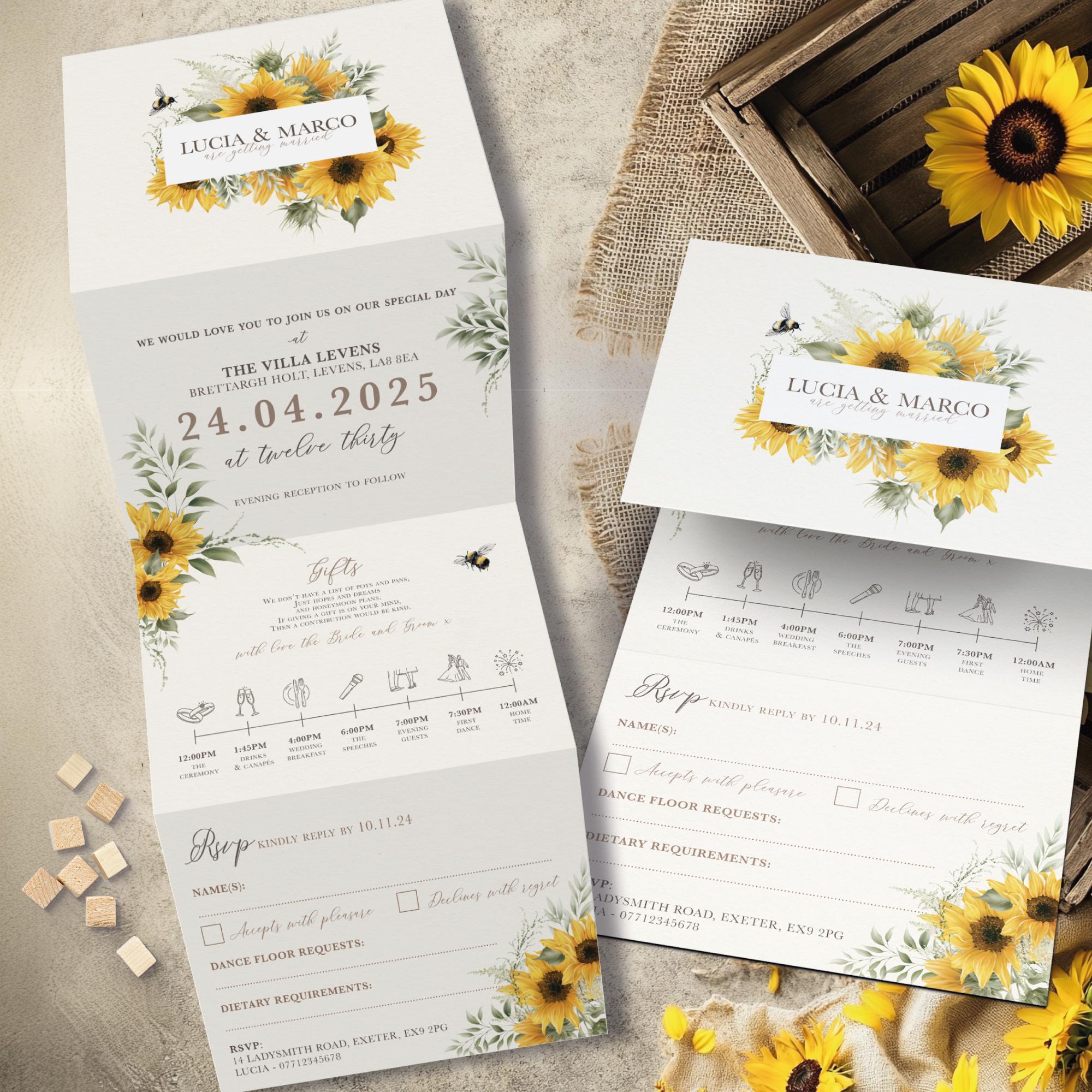 Invitación de boda rústica plegada con diseño de girasol y abeja, con  cronograma y tarjeta RSVP. - Etsy México, image size:2000x2000
