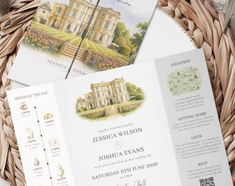 Venue Sketch Wedding Invitation, Luxury Gatefold Wedding Invites, Custom Watercolour Venue Illustration, Personalised Wedding Stationery