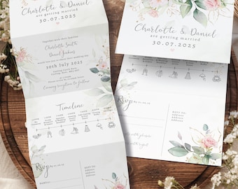 Könnte beinhalten: Hochzeitseinladung mit floralem und grünem Design. Die Einladung zeigt die Namen "Charlotte & Daniel" und das Hochzeitsdatum "30.07.2025". Die Einladung enthält eine Zeitleiste und RSVP-Informationen.