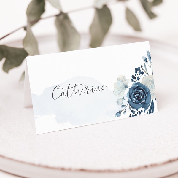 Cartes de marque pour mariage bleu clair de lune, Noms de lieux bleu poudré, Cartes de table de mariage, Cadre de table de mariage, Cartes Tente bleu marine