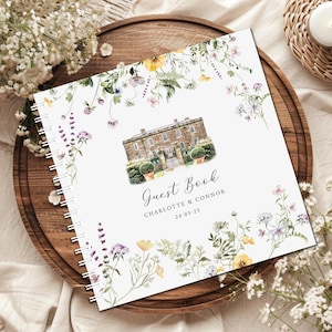 Wildflower Wedding Guest Book with Venue Sketch: Personalised Illustration